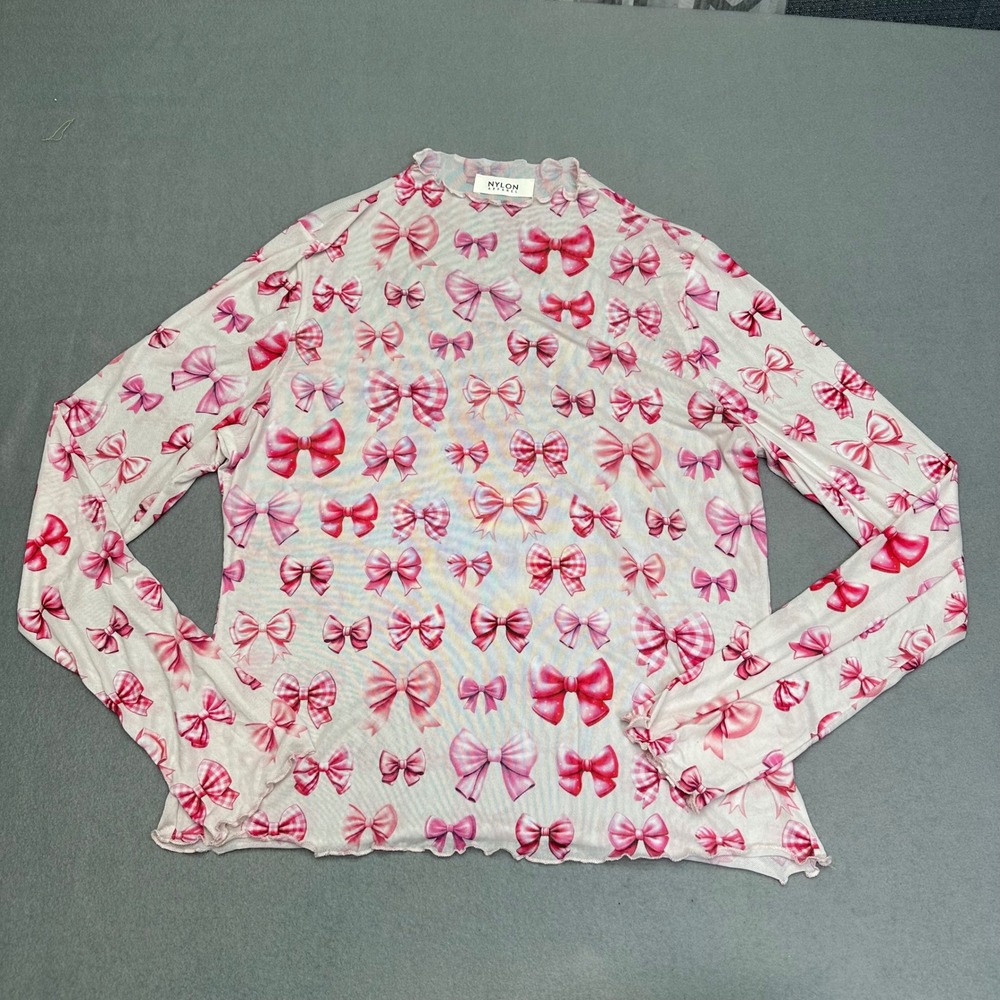Nylon Apparel Y2K Sheer Mesh Top Pink Bow Long Sleeve Mock Neck Lettuce Trim 3XL